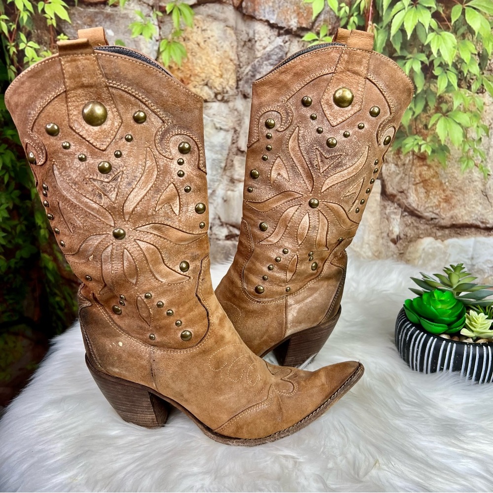 MADE IN ITALY Distressed Western Suede Embellished Boots, 37 - Picture 10 of 15